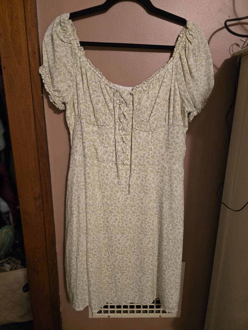 Hollister Pale Green Floral Mini Dress with Puff Sleeves